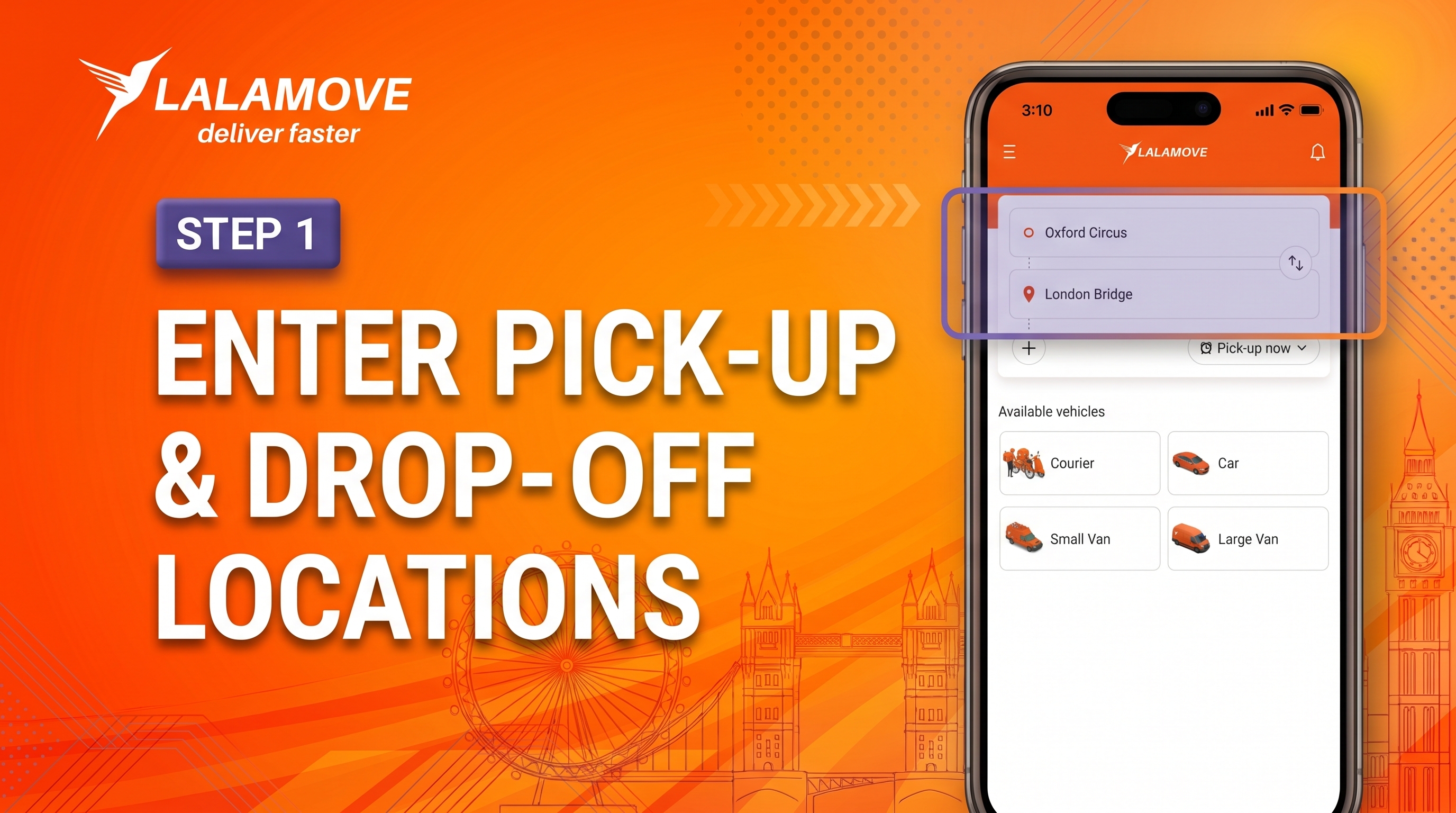 Lalamove app showing how to enter collection and drop-off addresses and add delivery stops.